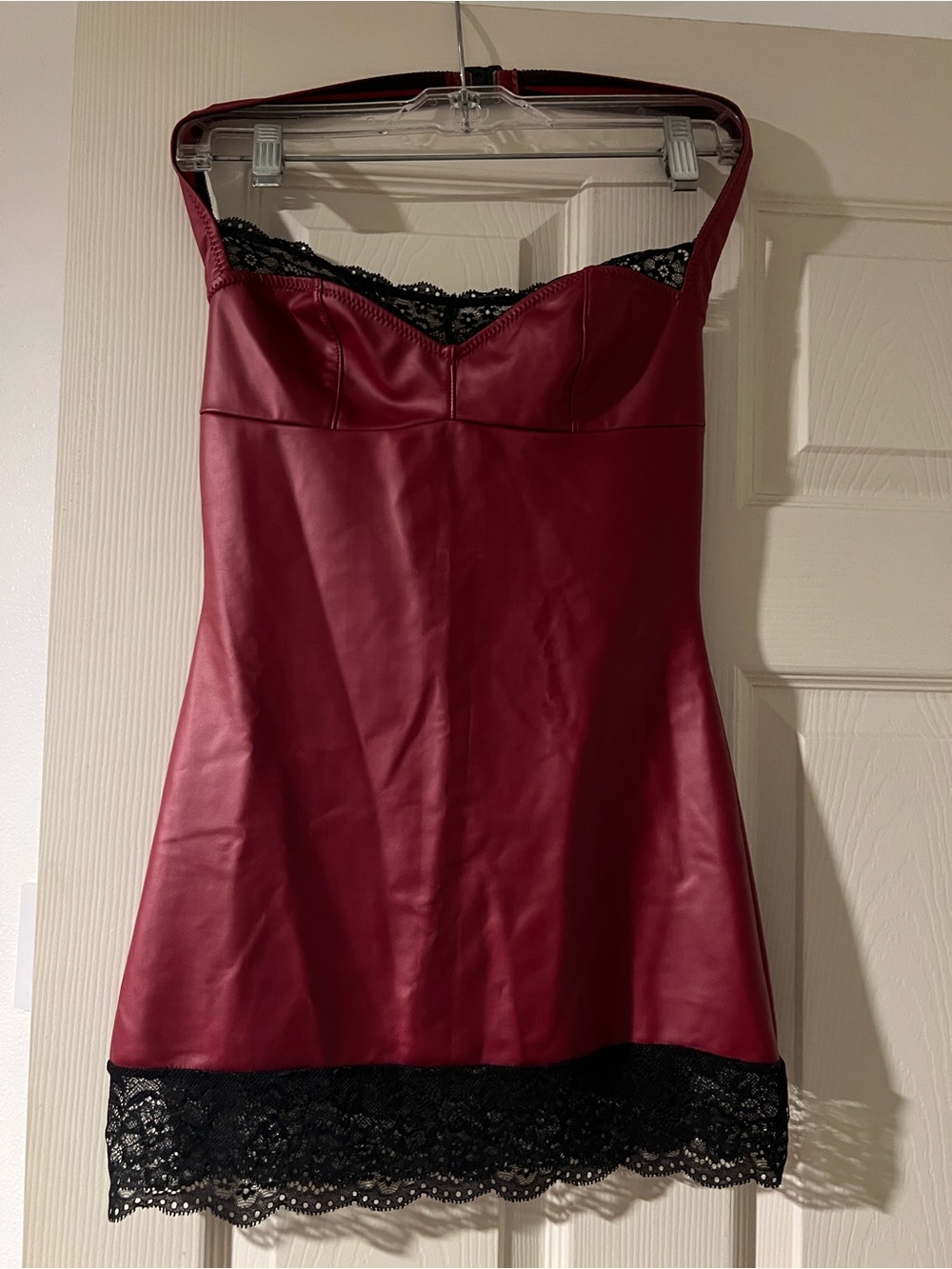 Women’s Burgundy Faux Leather Chemise with Black Lace Trim